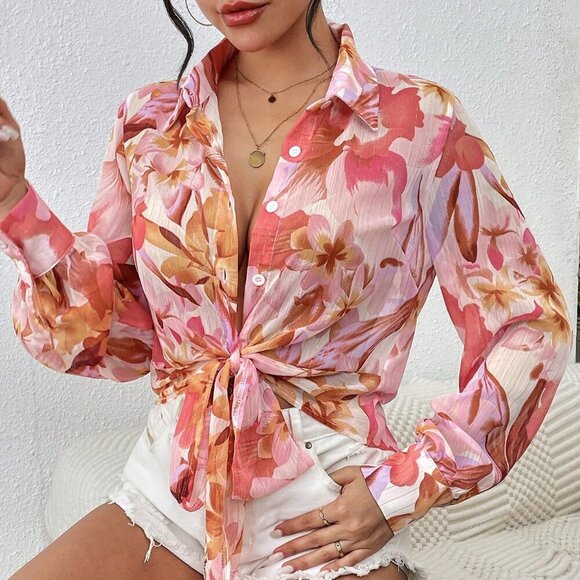 Baby Pink Boho Women's Floral Lantern Long Sleeve Shirt - Picture 5 of 6